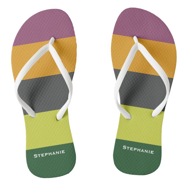 Colourful Green Orange Brown Abstract Stripes Name Jandals (Footbed)