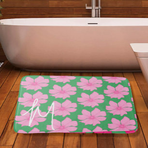 Colourful Green Pink Floral Modern Monogram Bath M Bath Mat