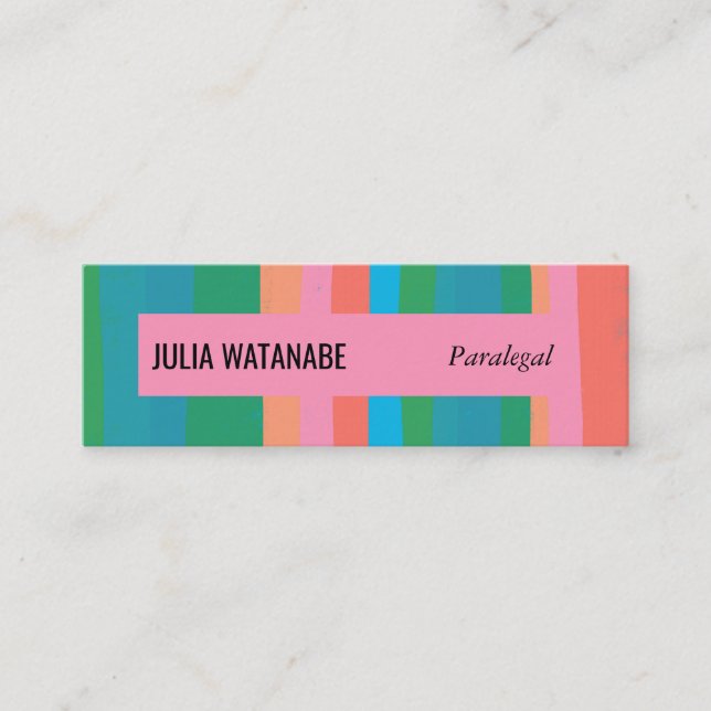 Colourful Green Pink Minimalist Stripes Handmade Mini Business Card (Front)