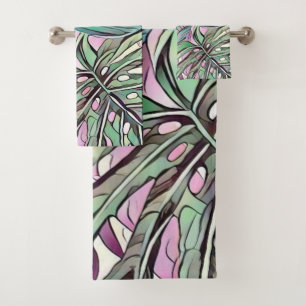 Colourful green pink tropical leaves pop art bath towel set