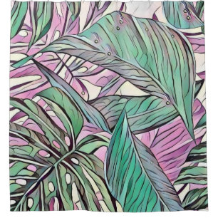 Colourful green pink tropical leaves pop art shower curtain