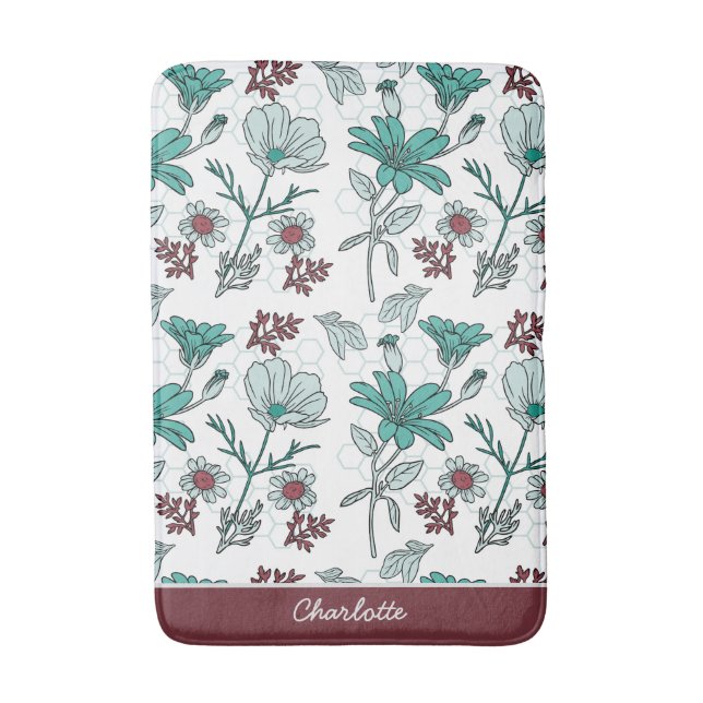 Colourful greenery floral pattern personalised nam bath mat (Front Vertical)