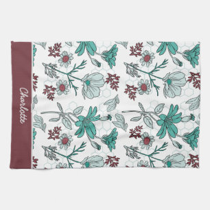 Colourful greenery floral pattern personalised nam tea towel