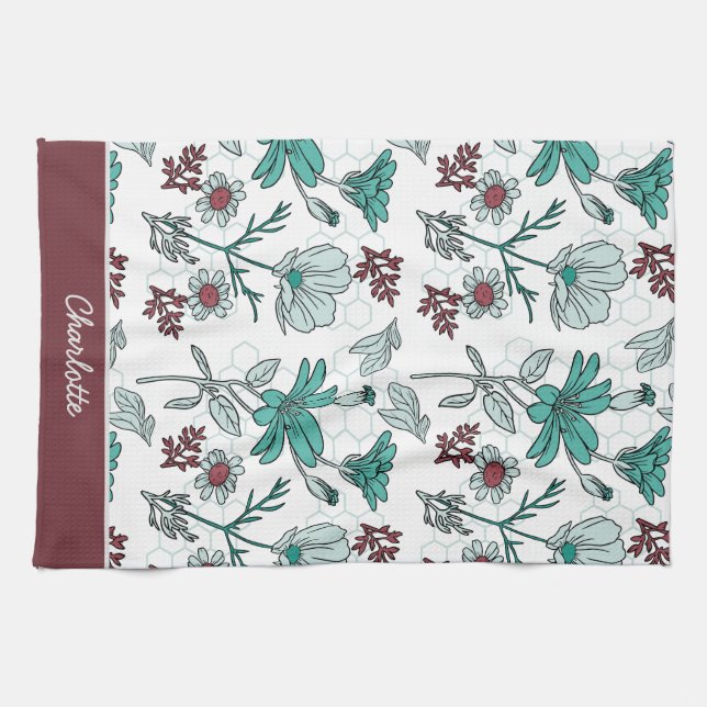 Colourful greenery floral pattern personalised nam tea towel (Horizontal)