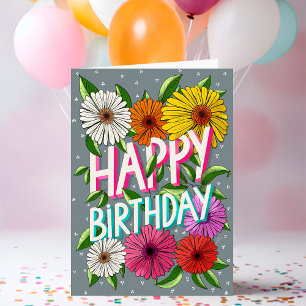 Colourful Grey Floral Personalised Happy Birthday Card
