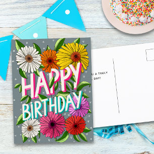 Colourful Grey Floral Personalised Happy Birthday Postcard