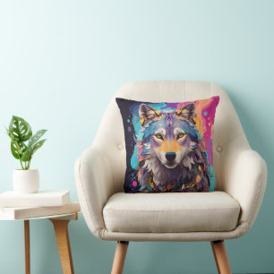 Colourful Grey Wolf Neon Colours Cushion