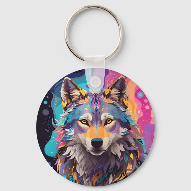 Colourful Grey Wolf Neon Colours Key Ring (Front)