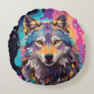 Colourful Grey Wolf Neon Colours Round Cushion