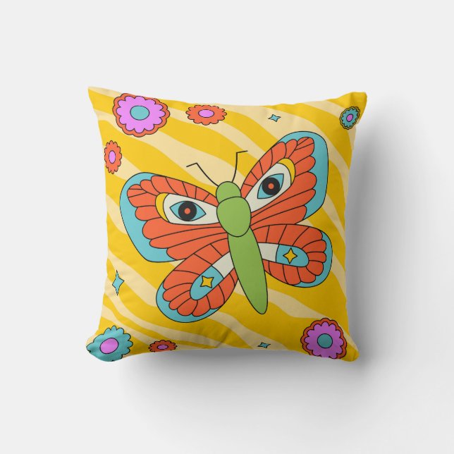 Colourful Groovy Butterfly and Daisies Cushion (Front)