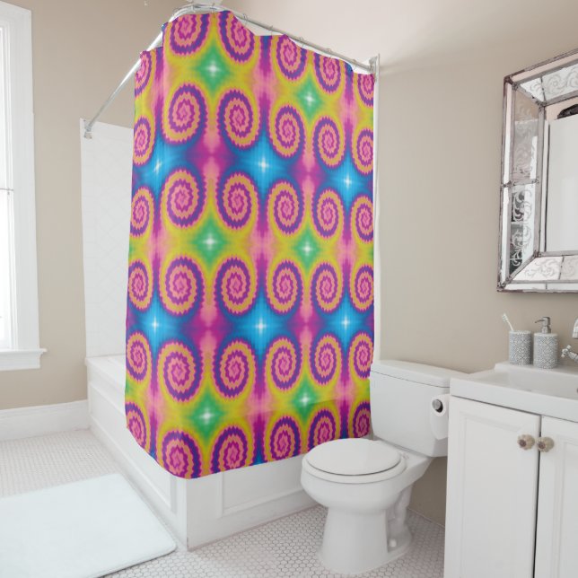Colourful groovy funky retro tie dye pattern fun shower curtain (In Situ)