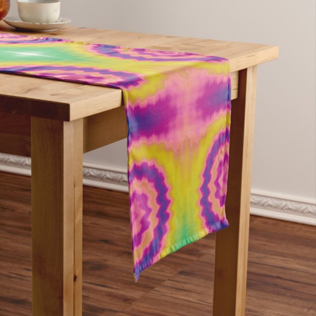 Colourful groovy funky retro tie dye pattern short table runner (In Situ)