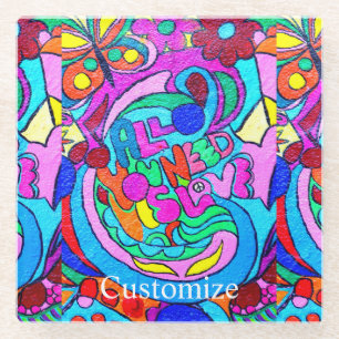 colourful groovy peace and love  glass coaster