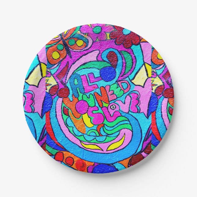colourful groovy peace and love paper plate (Front)