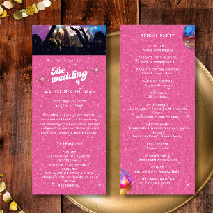 Colourful Groovy Pink Glitter Disco Ball Wedding Programme