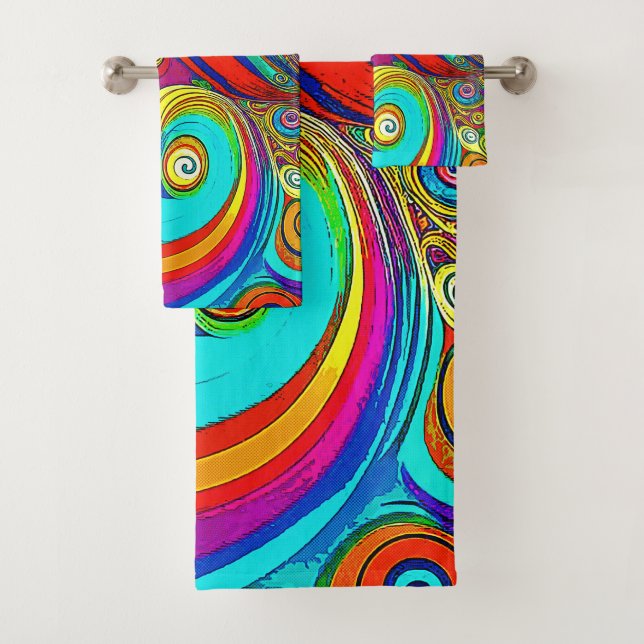 Colourful Groovy Rainbow Swirls Bath Towel Set (Insitu)