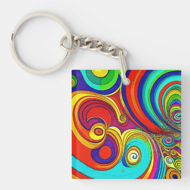Colourful Groovy Rainbow Swirls Key Ring (Front)