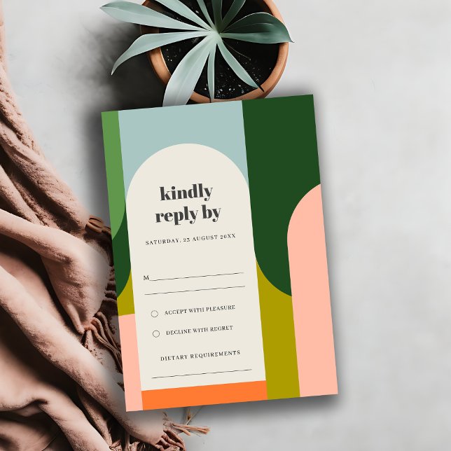 Colourful Groovy Retro Arch Abstract Bold Wedding RSVP Card (Creator Uploaded)