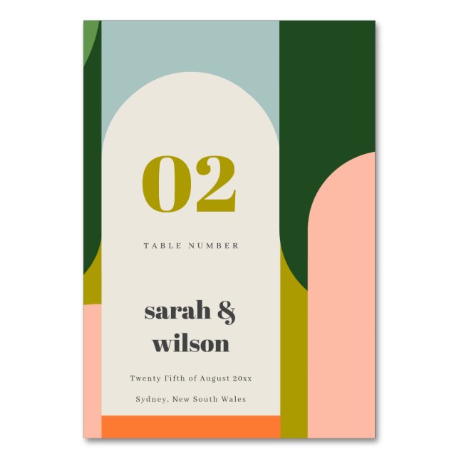 Colourful Groovy Retro Arch Abstract Bold Wedding Table Number (Front)