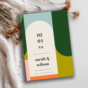 Colourful Groovy Retro Arch Abstract Save Our Date Invitation