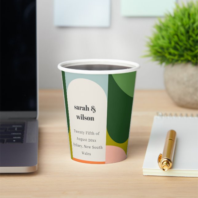 Colourful Groovy Retro Arch Bold Abstract Wedding Paper Cups (Insitu)