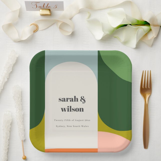 Colourful Groovy Retro Arch Bold Abstract Wedding Paper Plate (Wedding)