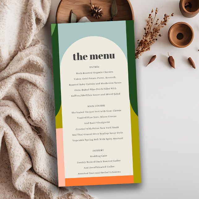 Colourful Groovy Retro Arch Bold Wedding Menu Card (Creator Uploaded)