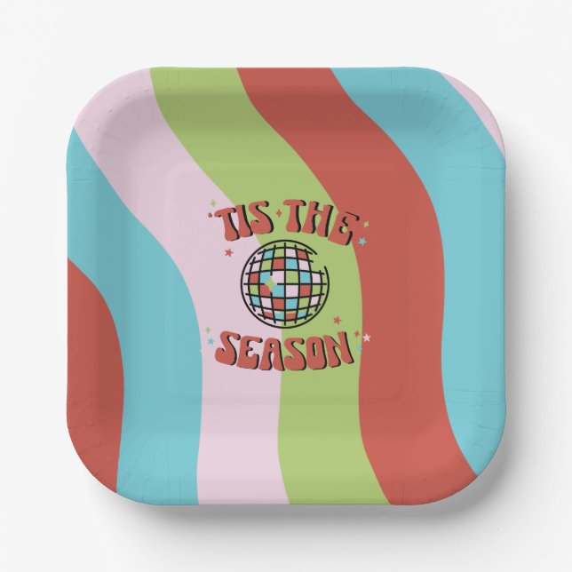 Colourful Groovy Retro Disco Christmas Party Paper Plate (Front)