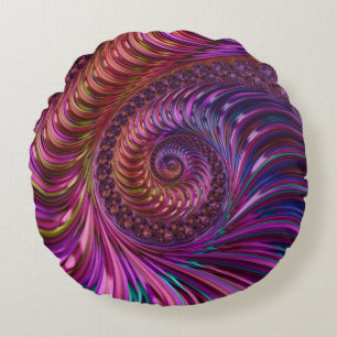 Colourful Groovy Trippy Funky Spiral Fractal Art Round Cushion