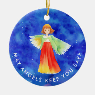 Colourful Guardian Angel Blessings Blue Watercolor Ceramic Tree Decoration