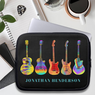 Colourful Guitar Pattern on Black add Name Laptop Sleeve