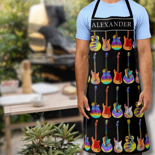 colourful guitar player personalised  apron (Personalized vibrant colorful guitar pattern monogram name apron personalized for him Guitar player)