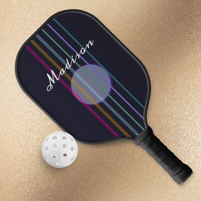Colourful Guitar Strings Modern Personalised Pickleball Paddle (A personalized pickleball paddle in deep navy blue with a colorful guitar strings design)