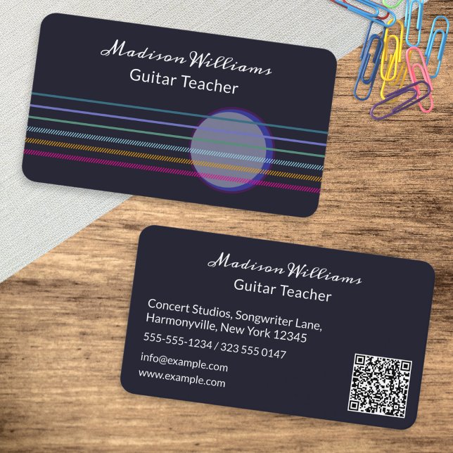 Colourful Guitar Strings Music Teacher Business Card (A modern business card for the guitar teacher, with custom QR code, contact info and strings design)