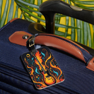 Colourful guitar with swirling flames luggage tag