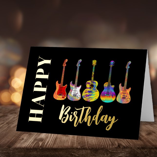 Colourful Guitars Happy Birthday Black and Gold Foil Greeting Card (Colorful guitar black gold foil happy birthday greetings card for musicians guitarists music lovers)
