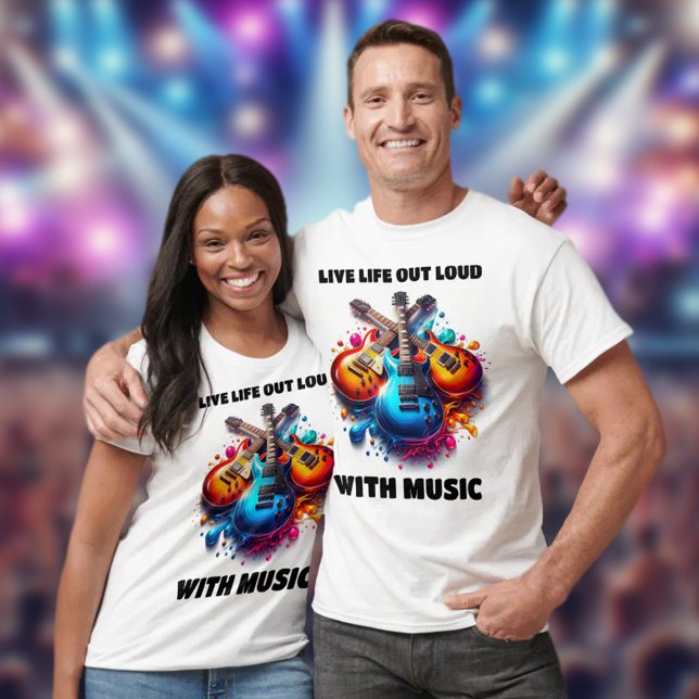 Colourful Guitars Live Life Out Loud with Music T-Shirt (Live Life Out Loud with Music Shirts Cover Photo)