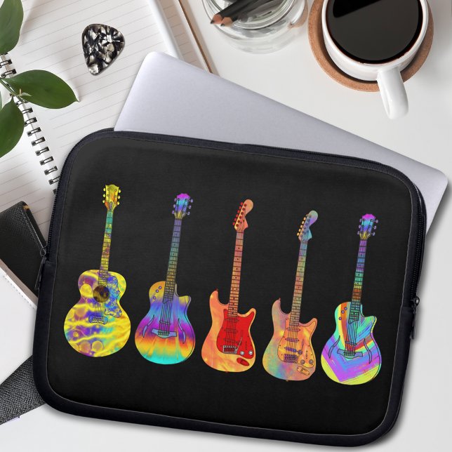 Colourful Guitars on Black Laptop Sleeve (Colorful guitar pattern on black cool guitarist musician laptop sleeve)