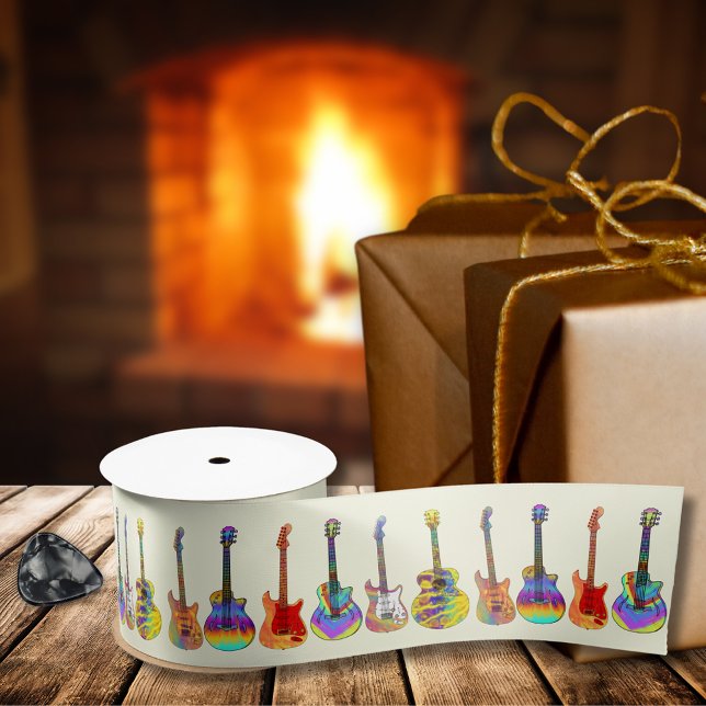 Colourful guitars satin ribbon (Funky psychedelic colorful guitars wrapping ribbon for guitarist musician songwriter music lovers)