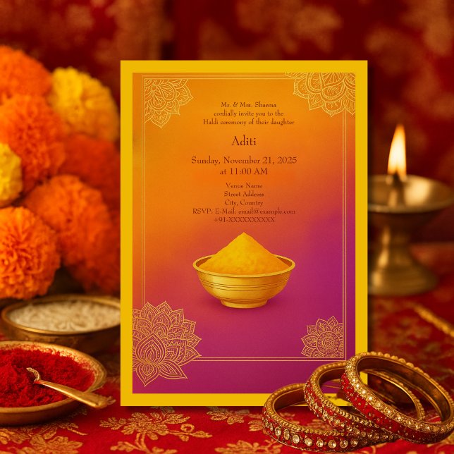 Colourful Haldi gold Mandala & Turmeric Bowl Hindu Invitation (Creator Uploaded)