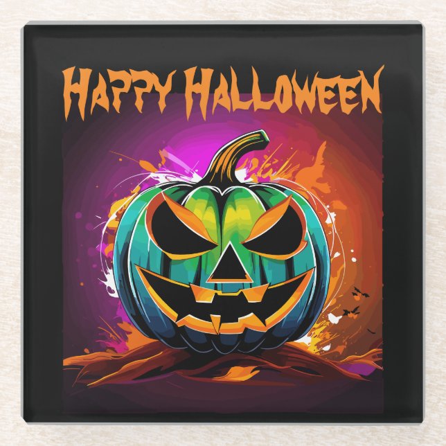 Colourful Halloween Creepy Pumpkin Black Glass Coaster (Front)