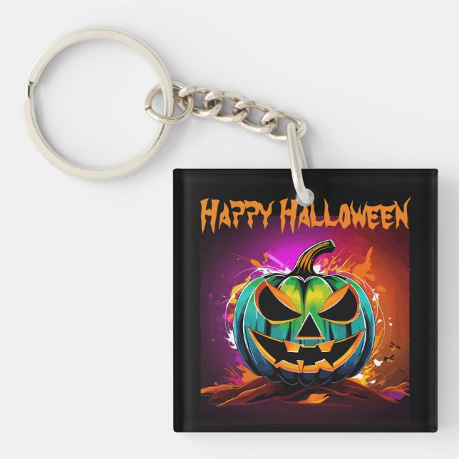 Colourful Halloween Creepy Pumpkin Black Key Ring (Front)
