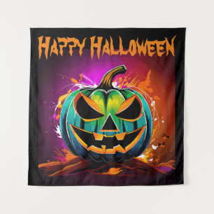Colourful Halloween Creepy Pumpkin Black Tapestry