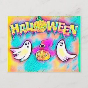 Colourful Halloween Ghost and Pumpkins Postcard