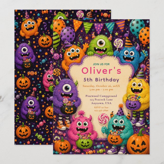 Colourful Halloween Monster Birthday Invitation (Front/Back)