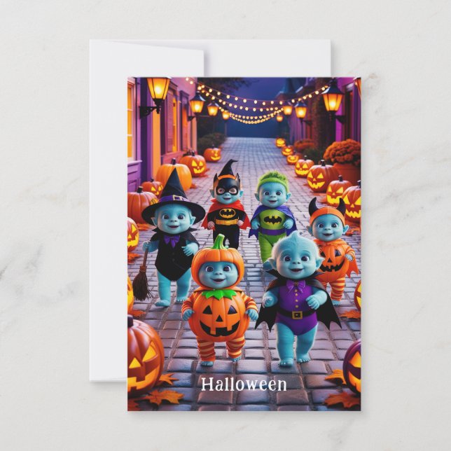 Colourful Halloween Parade with Costumed Character Card (Front)