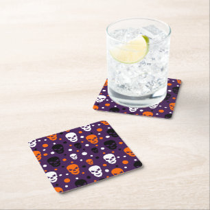 Colourful Halloween Skulls Polka Dots Pattern Square Paper Coaster