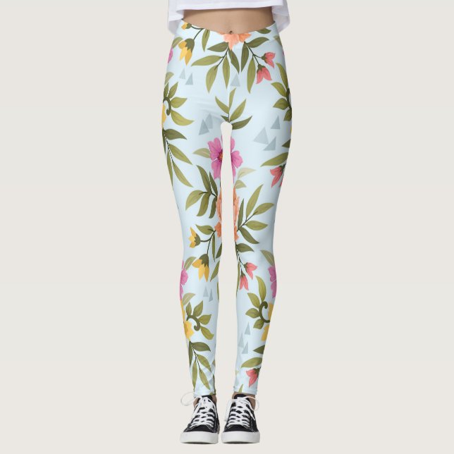Colourful Hand Draw Flowers  Leggings (Front)