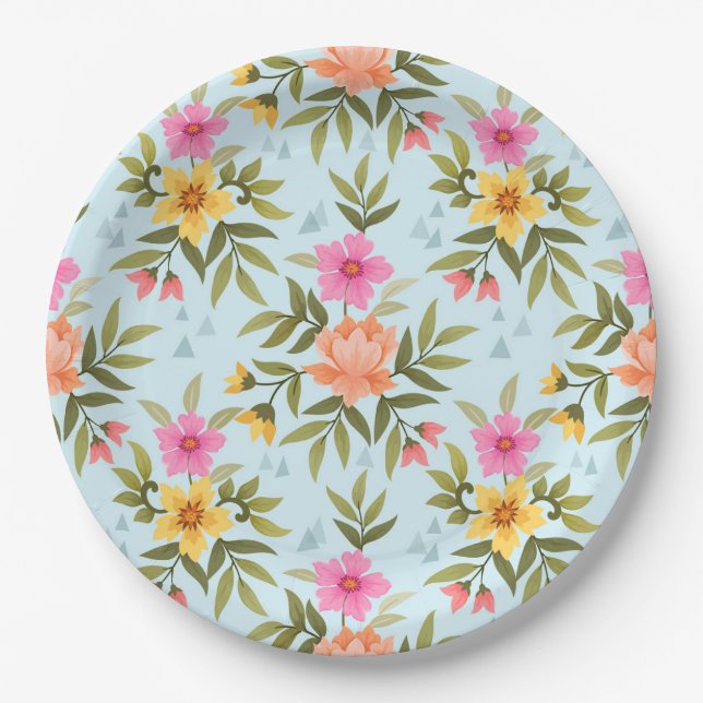 Colourful Hand Draw Flowers Paper Plate (Front)
