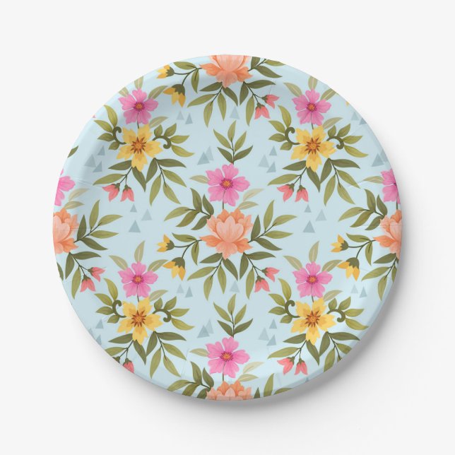 Colourful Hand Draw Flowers Paper Plate (Front)